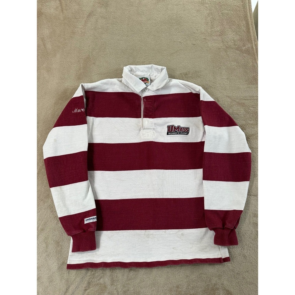 Barbarian UMass polo shirt Womens S Rugby Maroon White Striped Long Sleeve